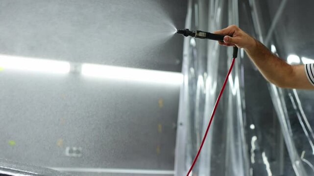 Detailer worker wets by spray PPF closeup. Car protection film apply.