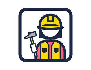 ハンマーを持った職人のシンプルな四角いカラーイラストアイコン