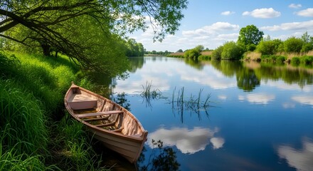 Obraz premium Tranquil River Scene with Partially Submerged Wooden Boat and Reflective Blue Water Surrounded by Lush Green Vegetation and Hanging Tree Branches
