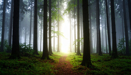 Fototapeta premium Sunlight piercing through morning mist in a serene autumn forest