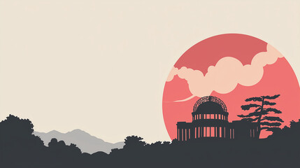 Obraz premium Minimalist Hiroshima Day Banner with Soft Gray and Muted Red Gradient Background, Silhouette of Hiroshima Peace Memorial Dome on Right Side, Empty Text Space on Left, Calm Flat Memorial Design