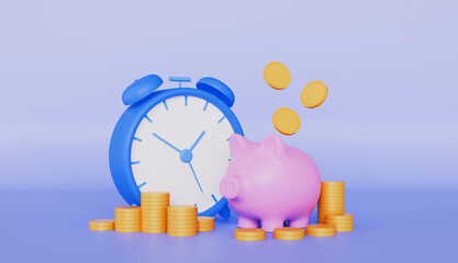 Clocks are symbols of time and coins, piggy bank, alarm clock and pile of coins