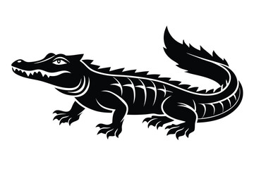Alligator features a thick tail and toothy grin, rendered in simple black and white