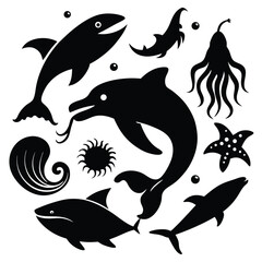 Diverse monochrome marine life featuring fish, dolphin, octopus, and starfish creates an underwater motif