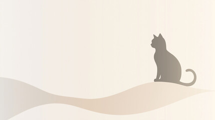 Minimalist International Cat Day Banner with Soft Cream and Light Gray Gradient Background, Silhouette of Sitting Cat with Curled Tail on Right Side, Clean Text on Left, Flat Modern Pet Design
