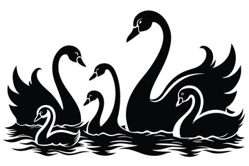 Elegant family of black swans is gracefully swimming together in stylized rippling water