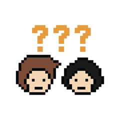 Fototapeta premium Cute pixel cartoon character man with question mark decoration 8 bit male boy confused idea question mark quiz questionnaire choose cartoon pixel game 8bit png vector.