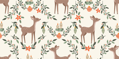 Cotton fabric Christmas deer seamless pattern with floral decoration and candles