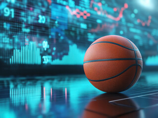 Basketball resting on court surface in front of financial data display