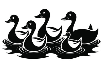 Five monochrome ducks peacefully float together across water ripples, creating a visually striking design