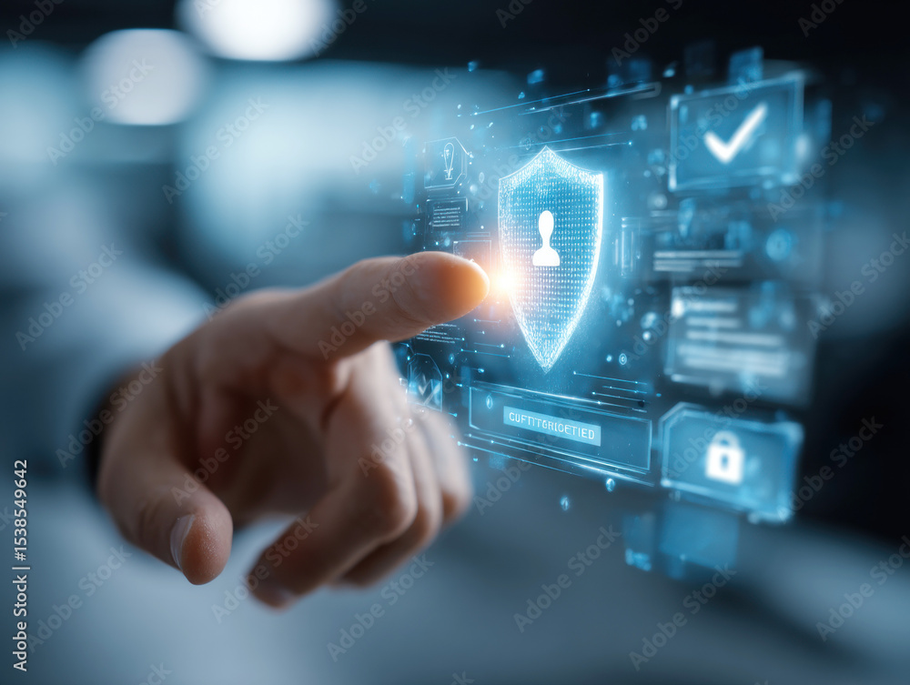 Poster digital security interface showcases user interaction with a protective shield