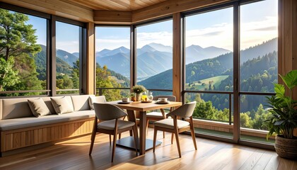 Cozy Corner Breakfast Nook with Built-in Seating and Panoramic Mountain View

