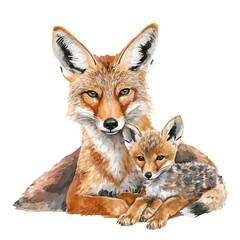Fototapeta premium A Mother Jackal With Her Kid, watercolor painting vector, isolated on a white background.