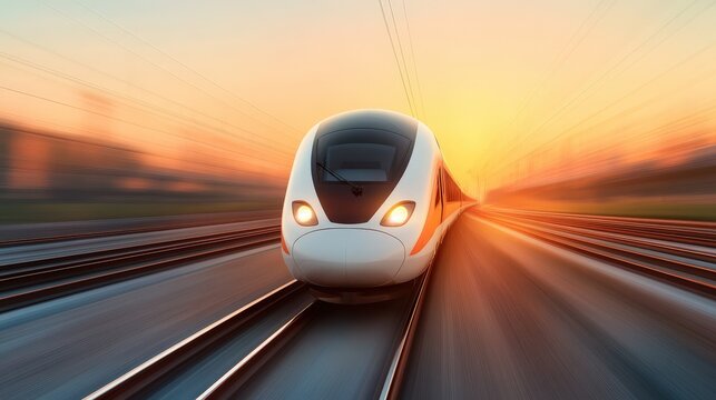 A modern high-speed train travels swiftly along tracks at sunset, creating a sense of speed and motion.