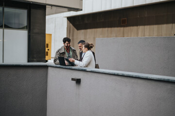 Two business people interact outdoors with a laptop, sharing ideas collaboratively in an office...