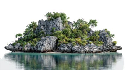 Tropical island with limestone rocks, lush vegetation and clear turquoise water scenery