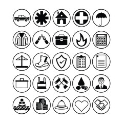 Black and white insurance symbols show diverse coverage in a circular outline format