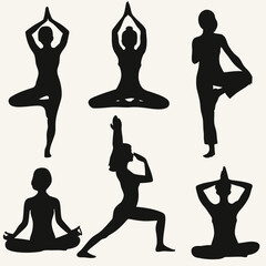 Fototapeta premium Diverse yoga positions are demonstrated by six silhouetted figures in a monochrome arrangement against a plain background