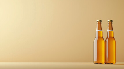Minimalist International Beer Day Banner with Matte Beige and Amber Gradient Background, Two Upright Beer Bottles on Right Side, Blank Space for Text on Left, Clean Modern Alcohol Drink Design