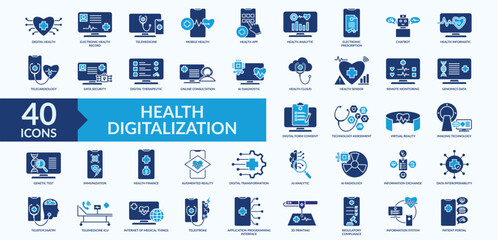 Health digitalization icon collection set with electronic health record, electronic prescription, digital therapeutic, online consultation, virtual reality 