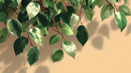 Green leaves hang from thin branches against a light beige wall.