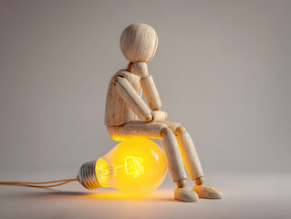 Wooden figure sitting on light bulb while thinking creatively about ideas