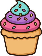 Cute cartoon cupcake with sprinkles, colorful frosting, and a smiling face. Sweet flat style, perfect for summer treats. Transparent background