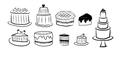 Cake pastries bakery vector doodle.  Sketch with sweet food products pastry on isolated background.  Design for bakeshop, menu, card, print, logo. Graphics with chocolate, creamy, festive cakes