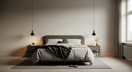 Minimalist Bedroom Interior with Warm Lighting and Dark Accents