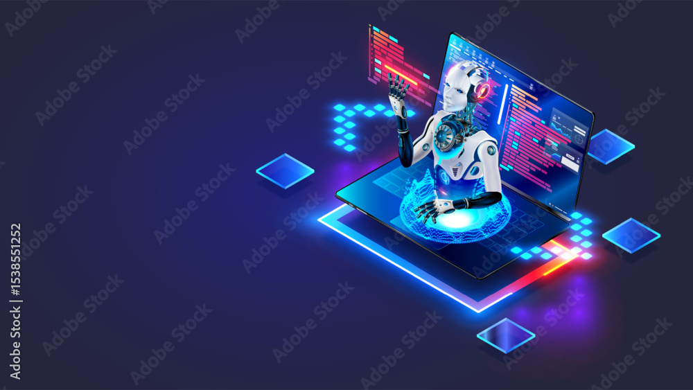 Poster A artificial intelligence chatbot helps a programmer to program. An AI in the form of a robot sticks his head out from a laptop screen. Create the program code. creating software using an AI chatbot.