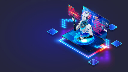 A artificial intelligence chatbot helps a programmer to program. An AI in the form of a robot sticks his head out from a laptop screen. Create the program code. creating software using an AI chatbot.