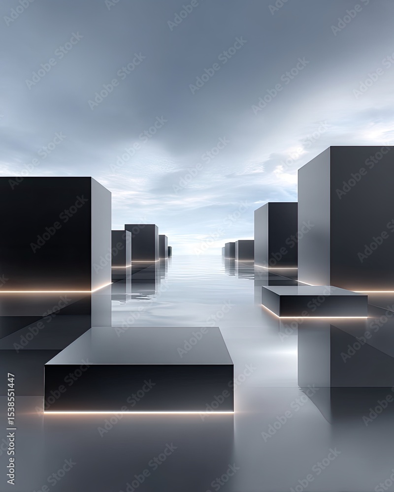 Poster abstract 3d rendering of reflective black cubes on a gray surface