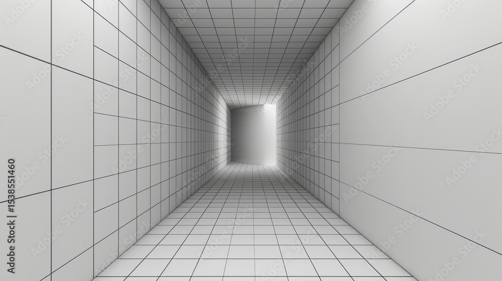 Poster perspective view of geometric corridor with grid pattern, creating sense of depth and space. clean l