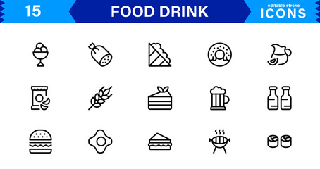 Food and Drink Icon Collection with Culinary, Beverage, Healthy Eating, Cooking, and Dining Icons in a Minimalist, Download-Ready Style