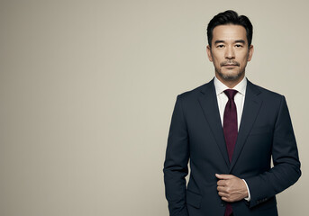 A formally dressed man in a suit poses confidently, looking directly at the viewer.