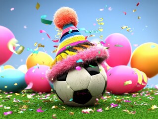 Celebration with a festive soccer ball surrounded by colorful eggs