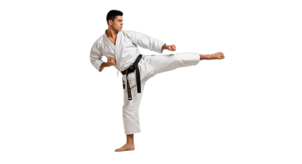 Man Practicing Martial Arts Kick in Uniform