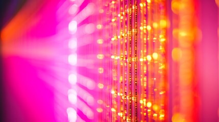 Obraz premium Close-up view of glowing pink and orange server room wall with network cables and blinking led lights, modern data center technology background