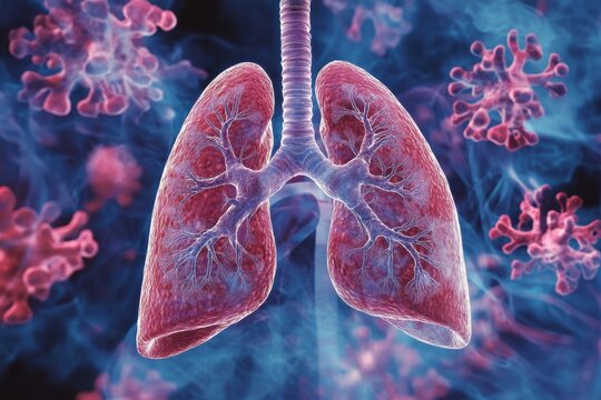 Interstitial lung disease treatment illustration depicting the effects of therapy on lung tissue and surrounding pathogens in a detailed anatomical representation