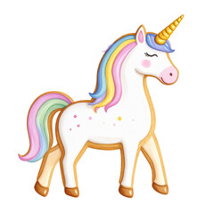 Fototapeta premium A whimsical, colorful unicorn with a golden horn and flowing mane, exuding a playful charm. cut out. transparent background