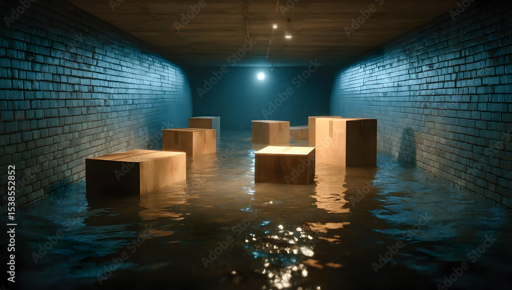 Poster mysterious scene with wooden boxes submerged in water, illuminated by a single light in an industria