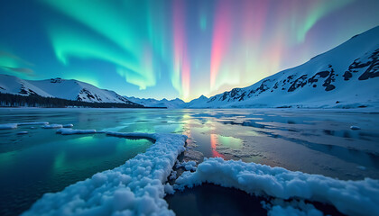 Fototapeta premium Spectacular Aurora Borealis Display over a Frozen Lake with Snow-Capped Mountains