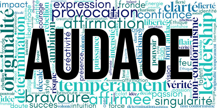 Nuage de mots en français autour du mot "audace". Thèmes de courage, ambition, créativité, force, confiance et originalité. Idéal pour visuels motivationnels, coaching, art ou branding