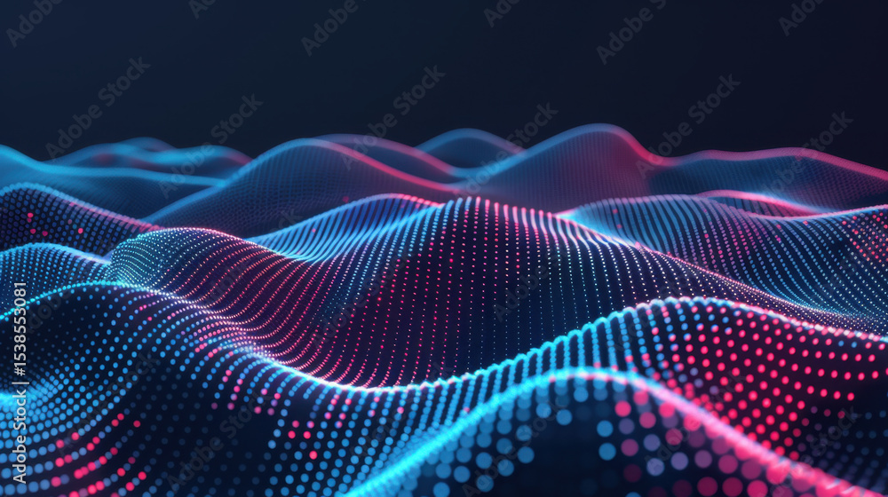 Poster digital wave patterns create mesmerizing visual with glowing lines in blue and pink hues, evoking se