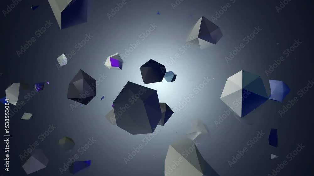 Poster abstract composition of colorful geometric shapes floating in a dark background with light source, c