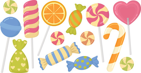 Set of colorful candies and caramels isolated on transparent background. Illustration of delicious sweets and lollipops