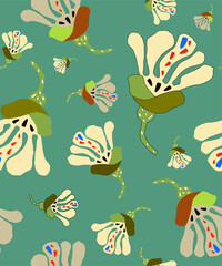Seamless background with vintage boho flowers and cute petals. Pastel colors and textures for wallpaper or covers.