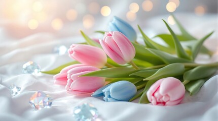 oft pastel pink and blue tulips in spring bloom with bokeh light on white background