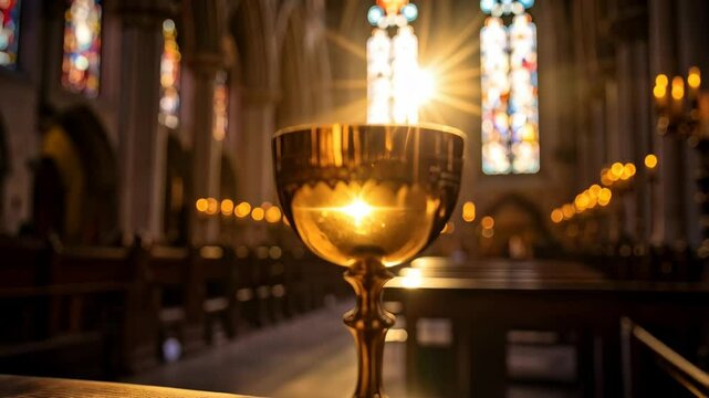 Golden chalice on a wooden altar reflecting sunlight from stained glass inside of church, rows of seats in background
