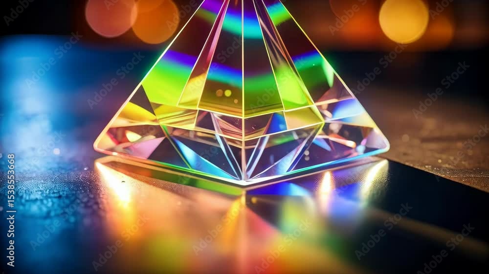 Poster aesthetic prism refracting vibrant rainbow colors casting reflections and bokeh lights, creating a s